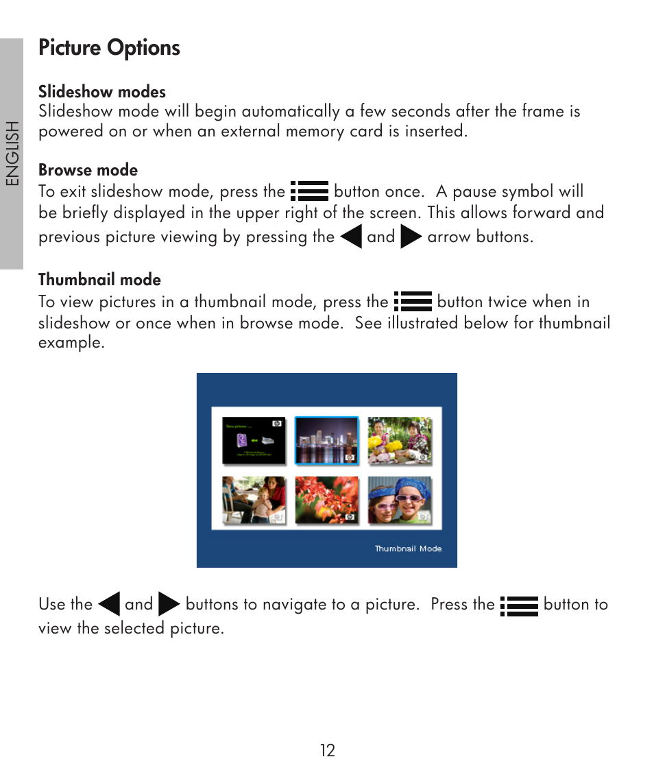 Picture options | HP df300 Digital Picture Frame User Manual | Page 12 / 58