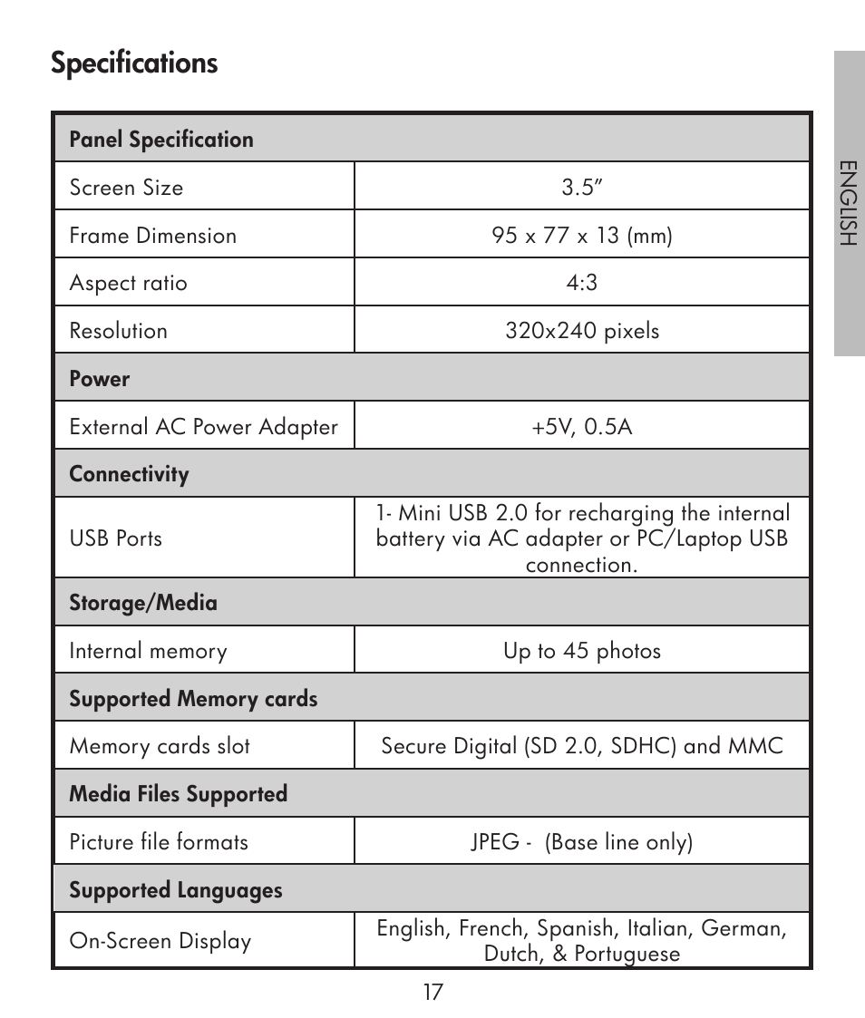 Specifications | HP df300 Digital Picture Frame User Manual | Page 17 / 58