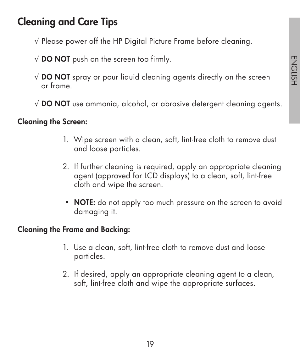 Cleaning and care tips | HP df300 Digital Picture Frame User Manual | Page 19 / 58