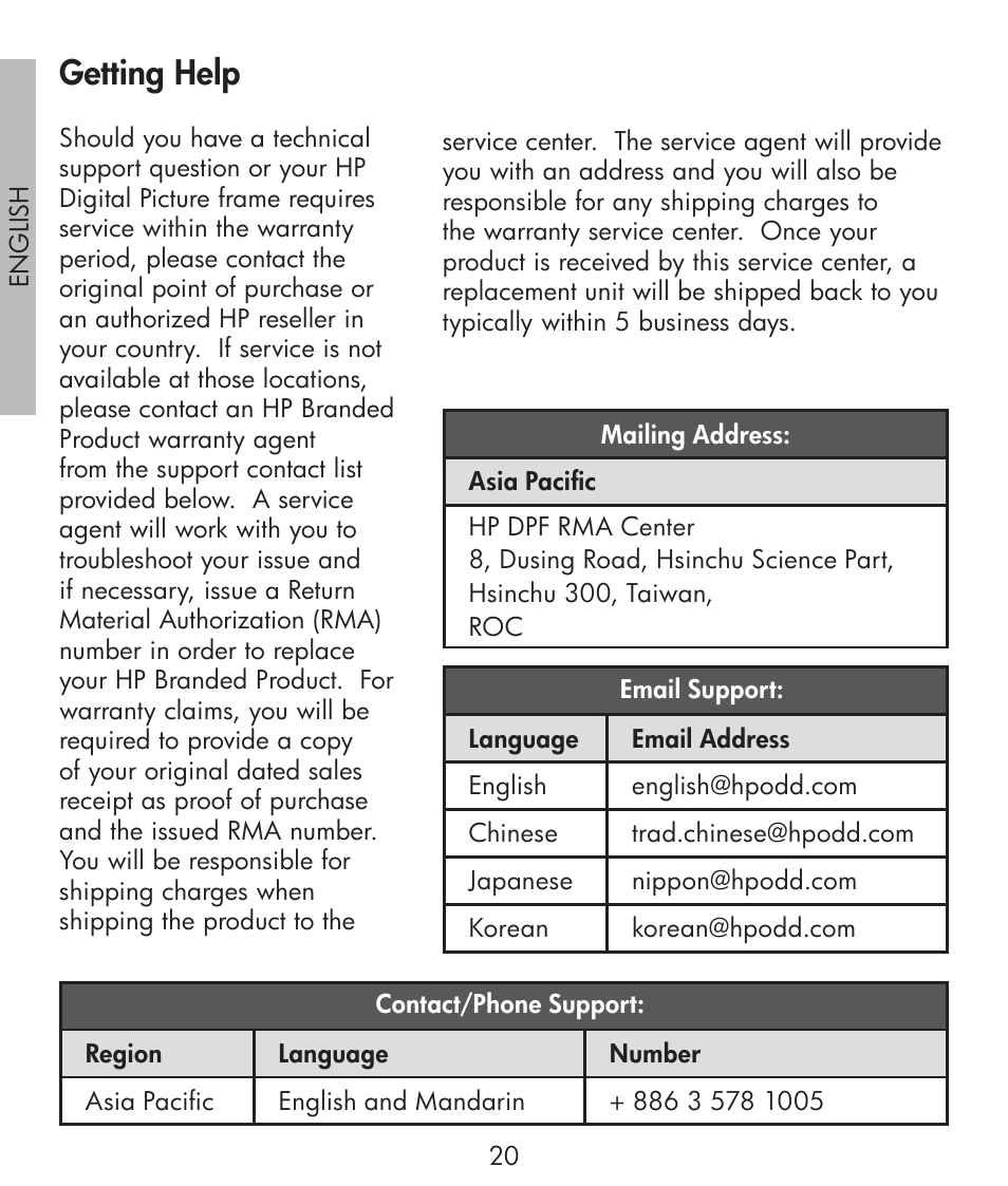 Getting help | HP df300 Digital Picture Frame User Manual | Page 20 / 58