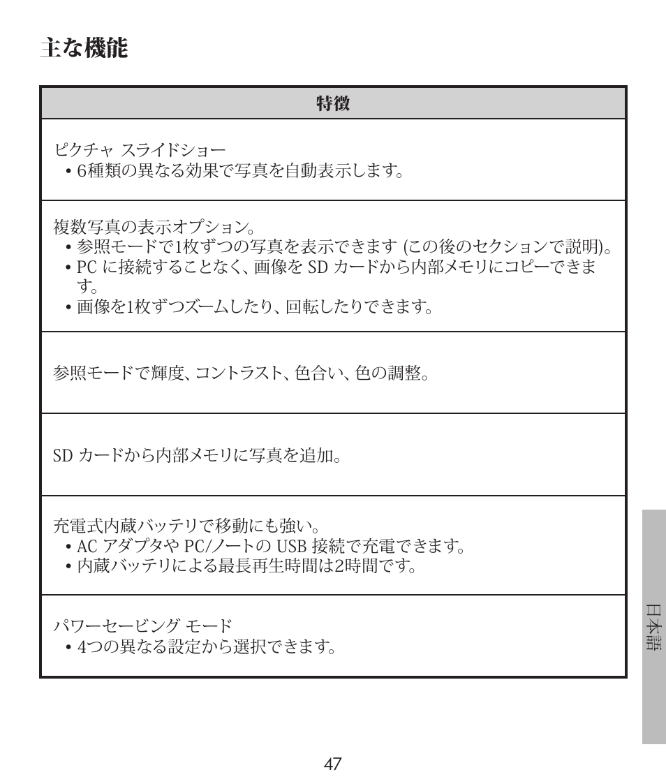 主な機能 | HP df300 Digital Picture Frame User Manual | Page 47 / 58