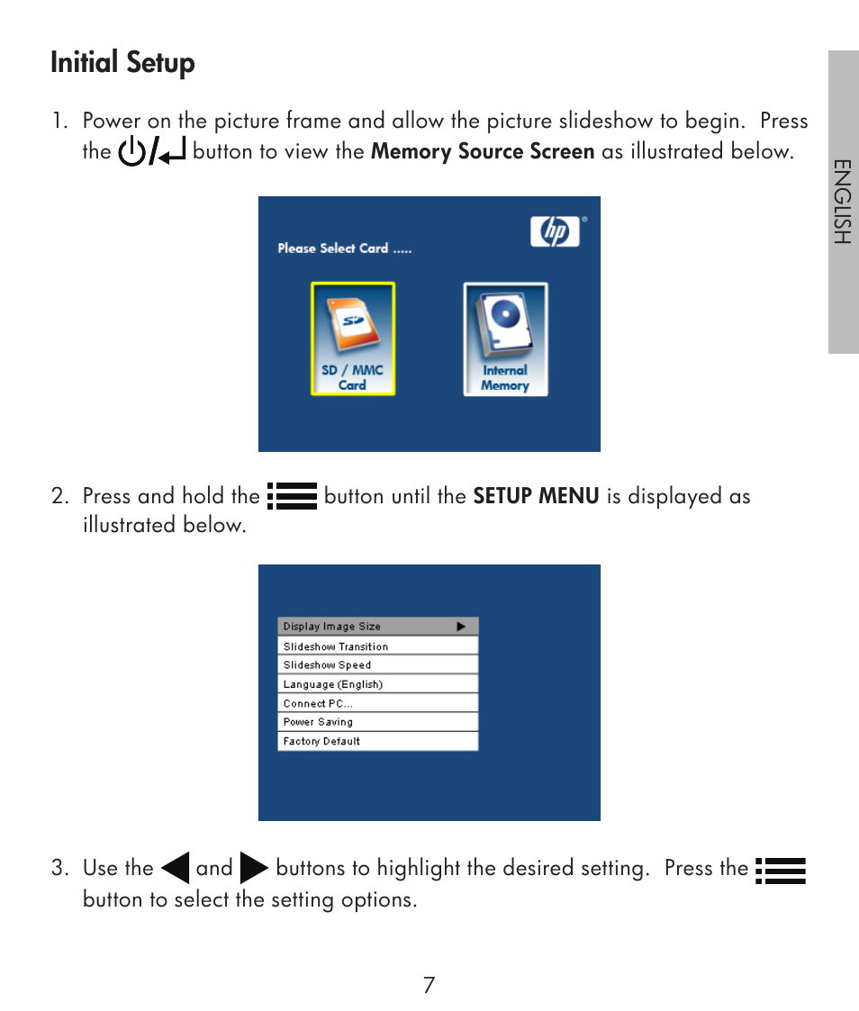 Initial setup | HP df300 Digital Picture Frame User Manual | Page 7 / 58