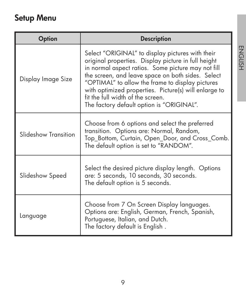 Setup menu | HP df300 Digital Picture Frame User Manual | Page 9 / 58