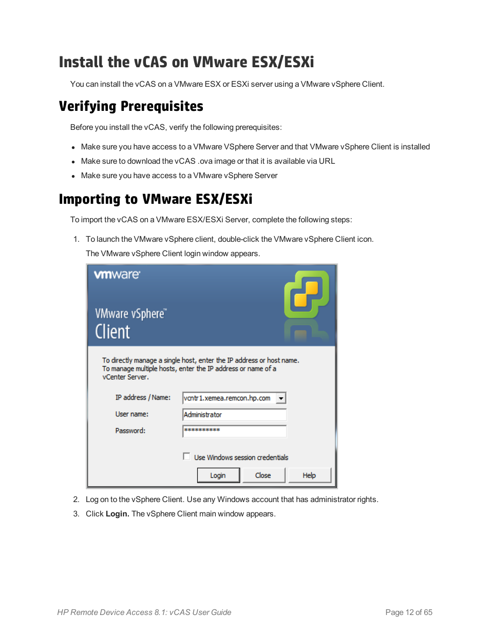 Install the vcas on vmware esx/esxi, Verifying prerequisites, Importing to vmware esx/esxi | HP Remote Device Access Software User Manual | Page 12 / 65