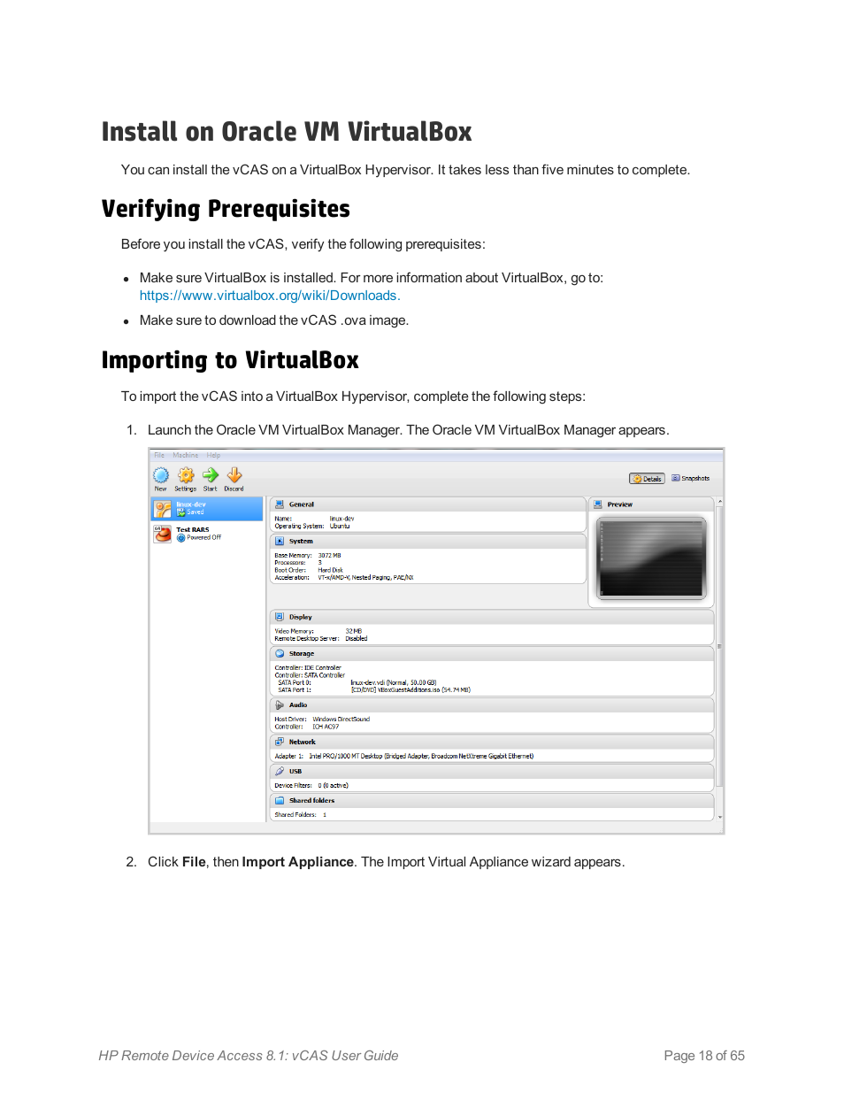 Install on oracle vm virtualbox, Verifying prerequisites, Importing to virtualbox | HP Remote Device Access Software User Manual | Page 18 / 65