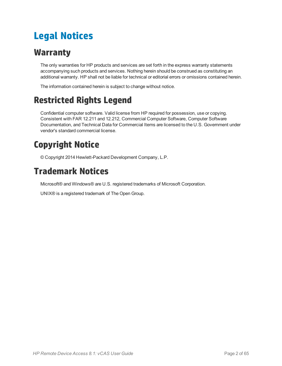 Legal notices, Warranty, Restricted rights legend | Copyright notice, Trademark notices | HP Remote Device Access Software User Manual | Page 2 / 65