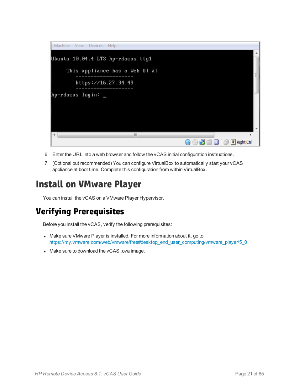 Install on vmware player, Verifying prerequisites | HP Remote Device Access Software User Manual | Page 21 / 65