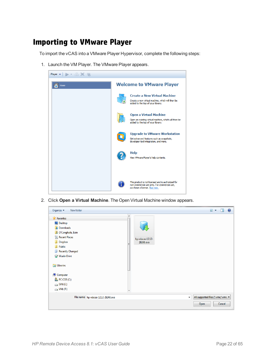 Importing to vmware player | HP Remote Device Access Software User Manual | Page 22 / 65