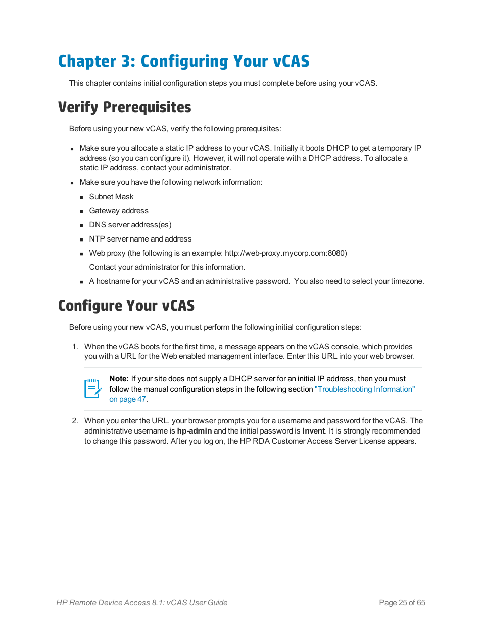 Chapter 3: configuring your vcas, Verify prerequisites, Configure your vcas | HP Remote Device Access Software User Manual | Page 25 / 65