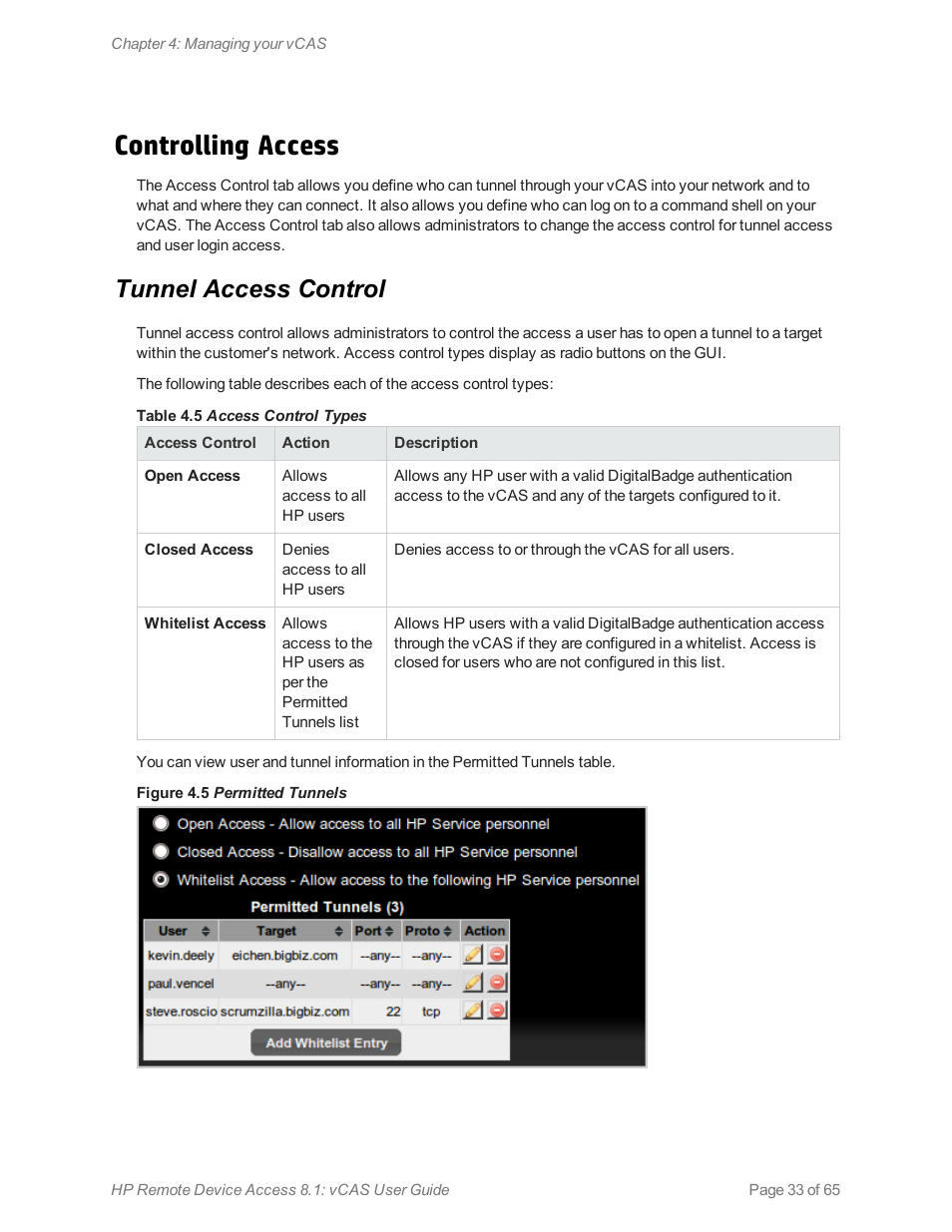 Controlling access, Tunnel access control | HP Remote Device Access Software User Manual | Page 33 / 65