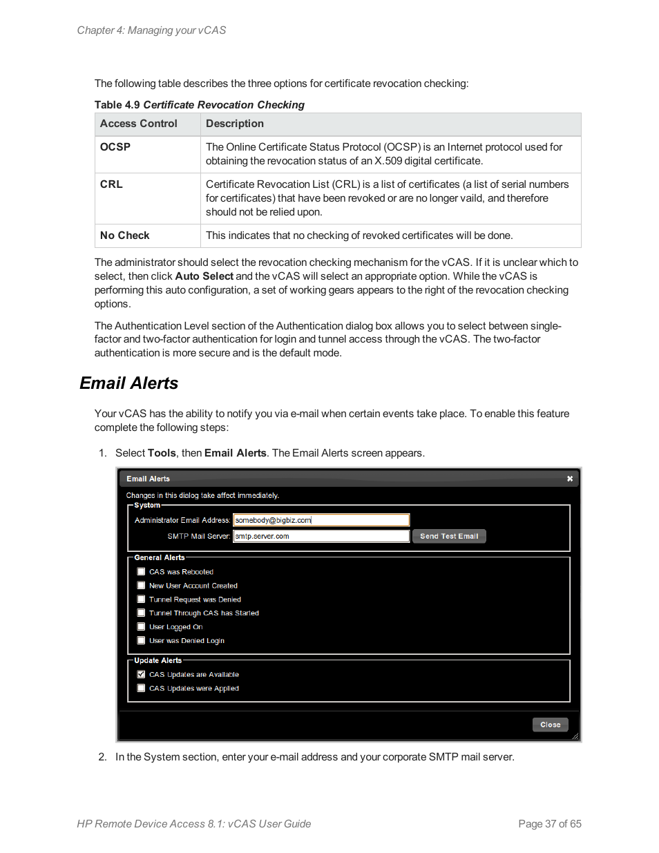 Email alerts | HP Remote Device Access Software User Manual | Page 37 / 65