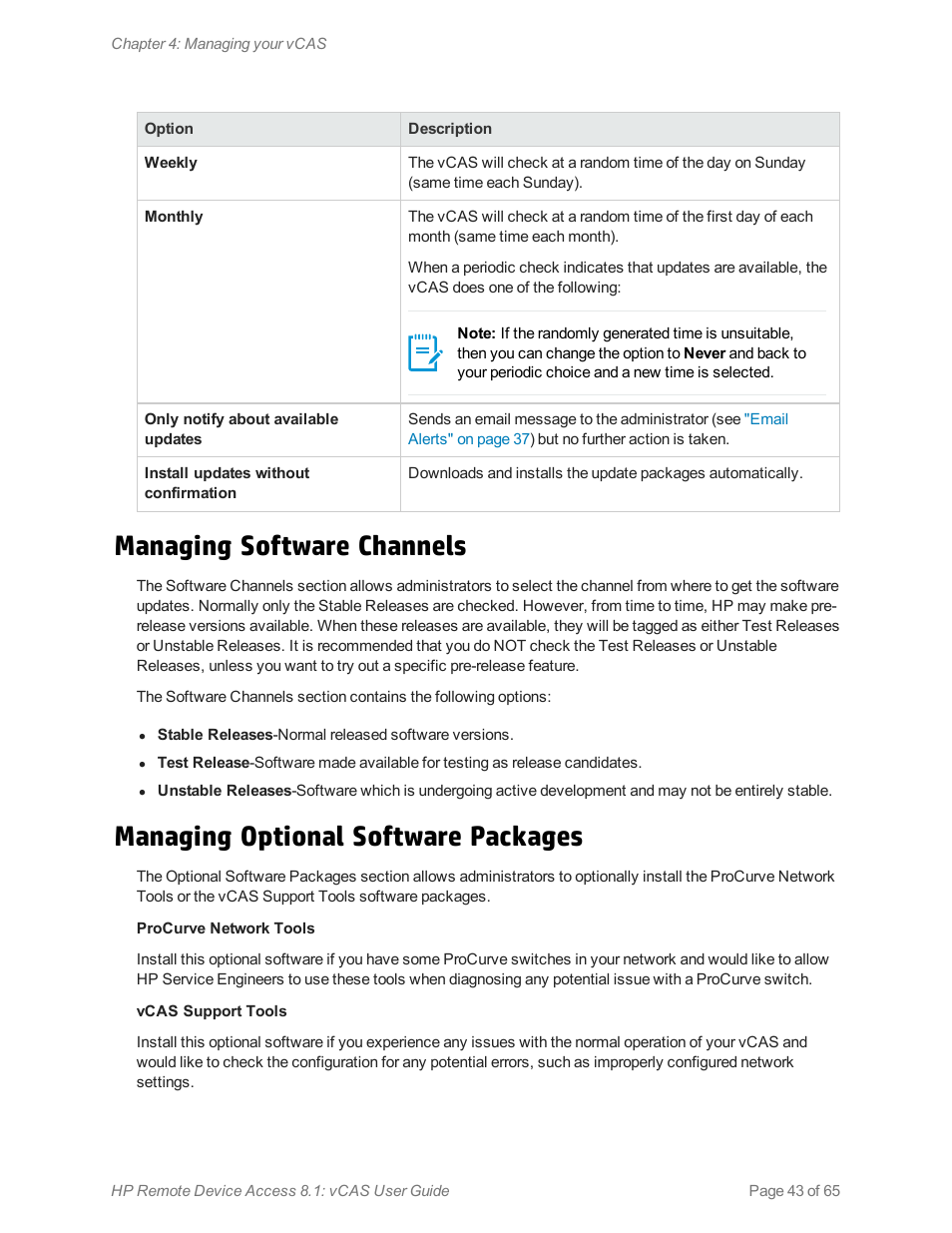 Managing software channels, Managing optional software packages | HP Remote Device Access Software User Manual | Page 43 / 65