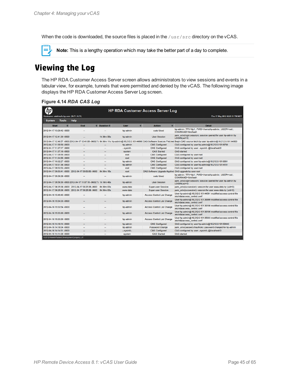 Viewing the log | HP Remote Device Access Software User Manual | Page 45 / 65