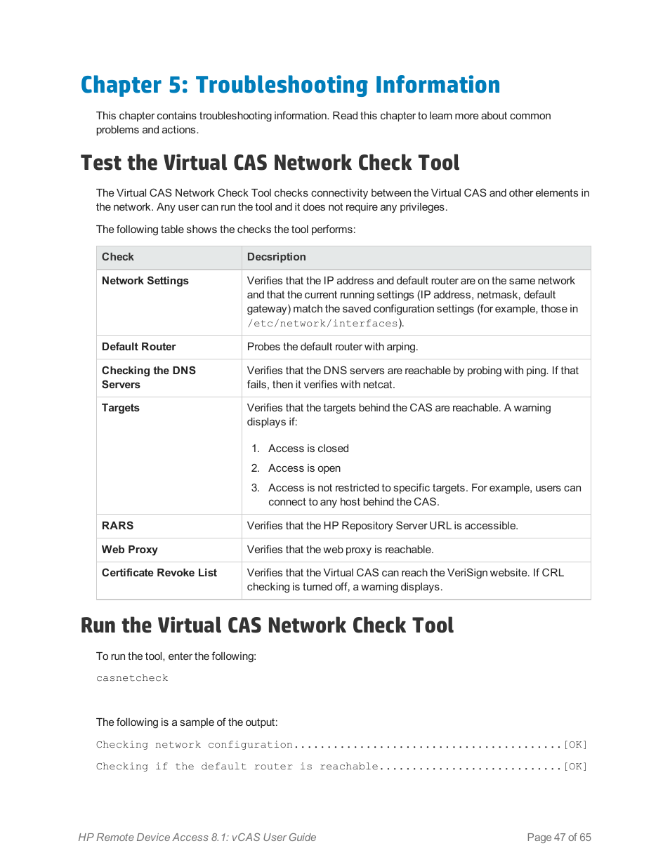 Chapter 5: troubleshooting information, Test the virtual cas network check tool, Run the virtual cas network check tool | Troubleshooting information | HP Remote Device Access Software User Manual | Page 47 / 65