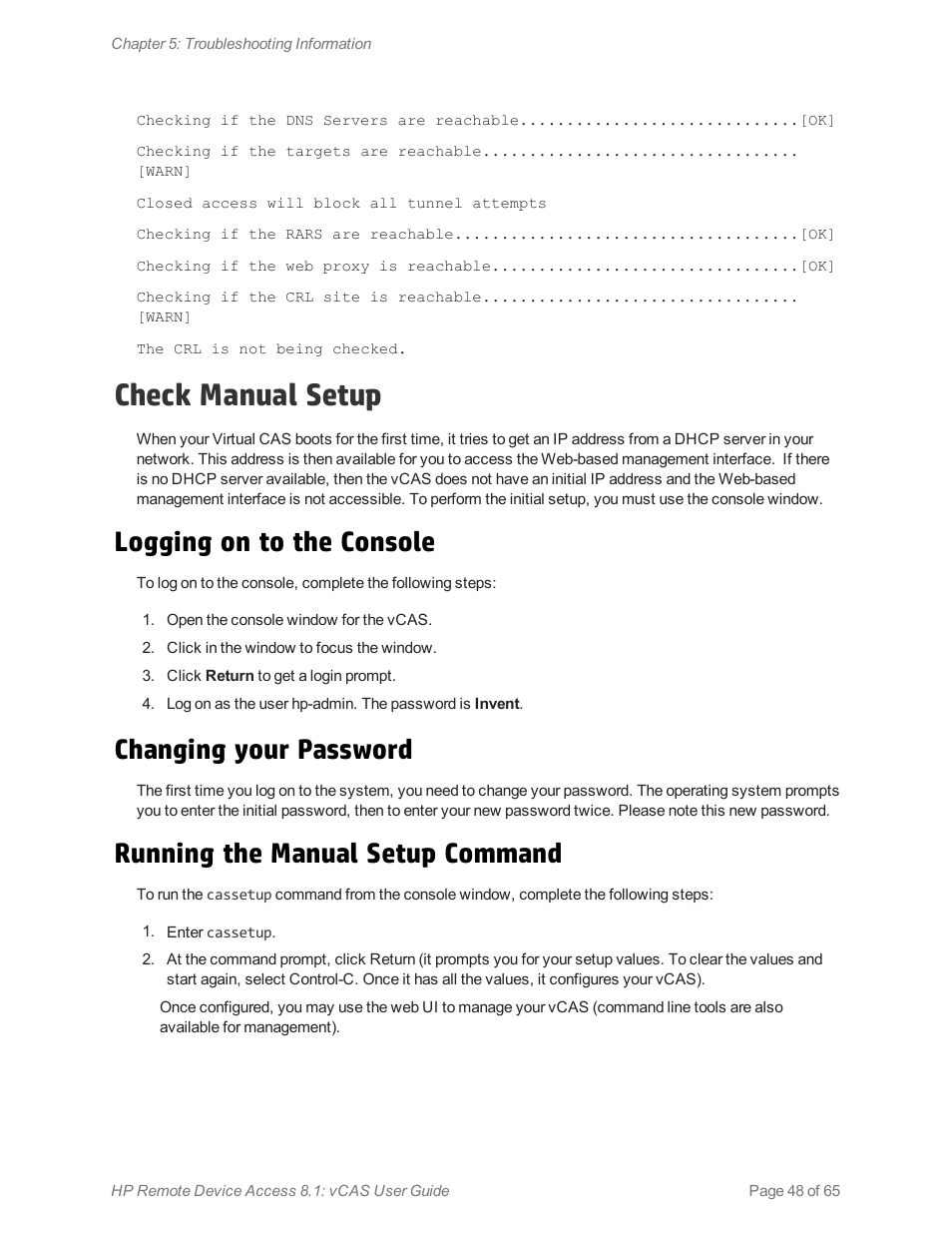 Fig-cas-setup-screen, Logging on to the console, Changing your password | Running the manual setup command, Check manual setup | HP Remote Device Access Software User Manual | Page 48 / 65