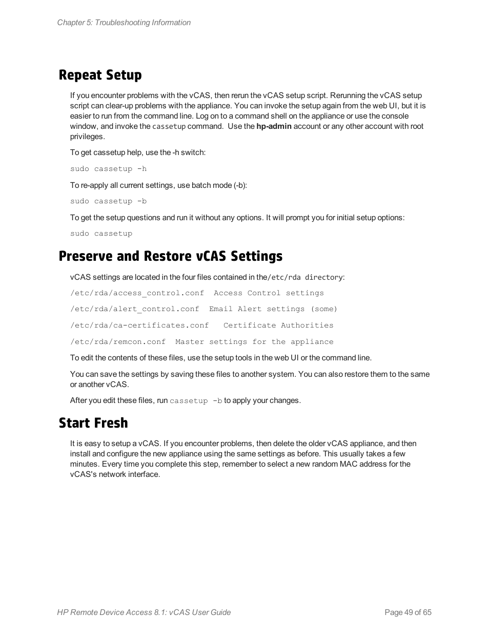 Repeat setup, Preserve and restore vcas settings, Start fresh | HP Remote Device Access Software User Manual | Page 49 / 65