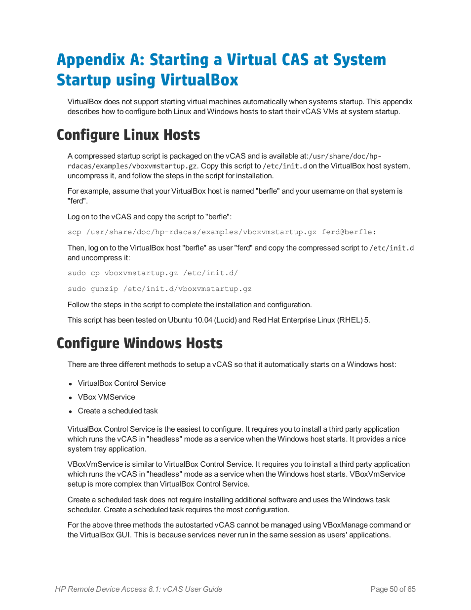 Configure linux hosts, Configure windows hosts | HP Remote Device Access Software User Manual | Page 50 / 65