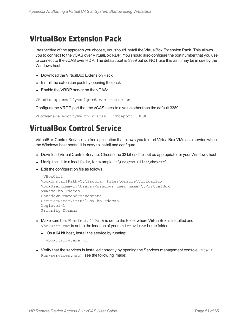 Virtualbox extension pack, Virtualbox control service | HP Remote Device Access Software User Manual | Page 51 / 65