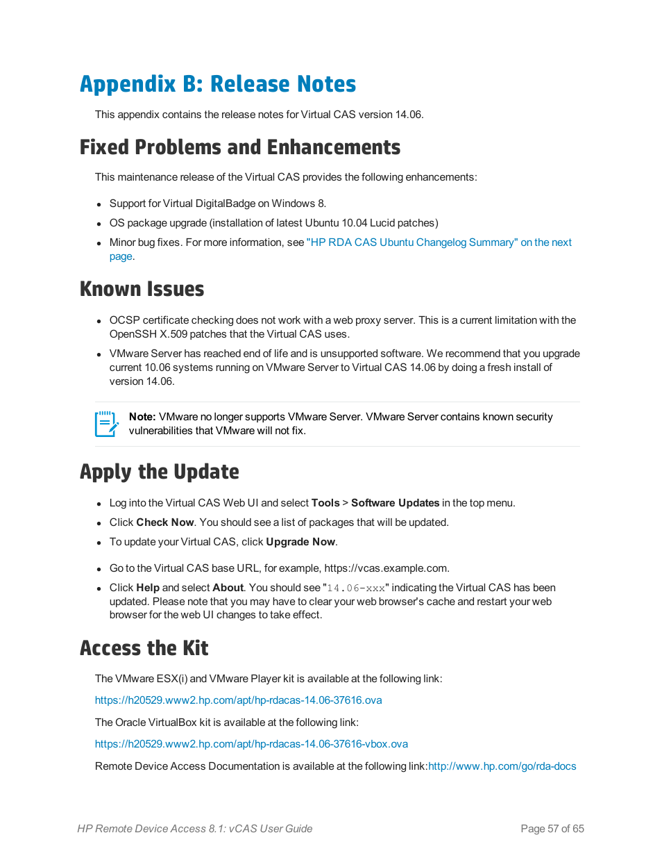 Appendix b: release notes, Fixed problems and enhancements, Known issues | Apply the update, Access the kit | HP Remote Device Access Software User Manual | Page 57 / 65