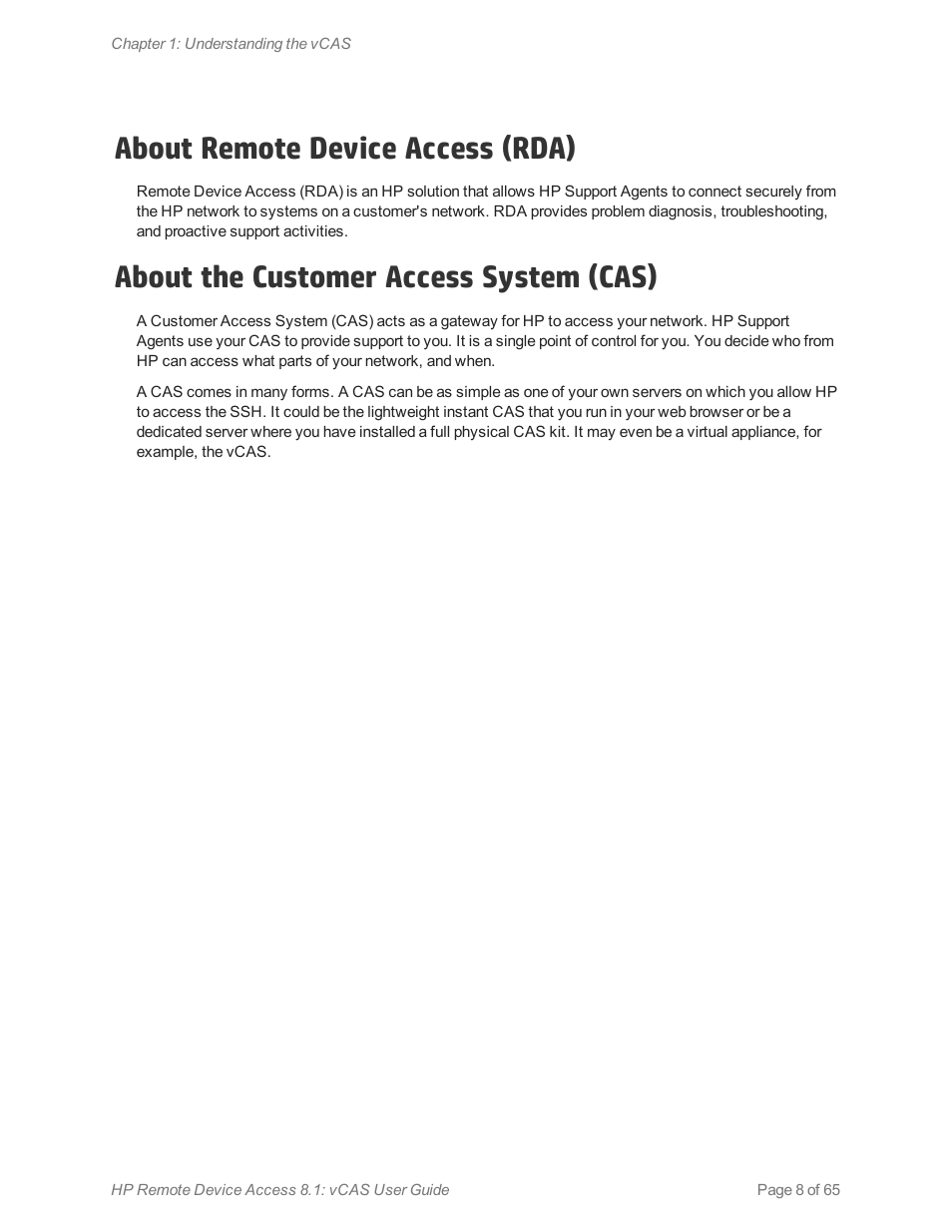 About remote device access (rda), About the customer access system (cas) | HP Remote Device Access Software User Manual | Page 8 / 65