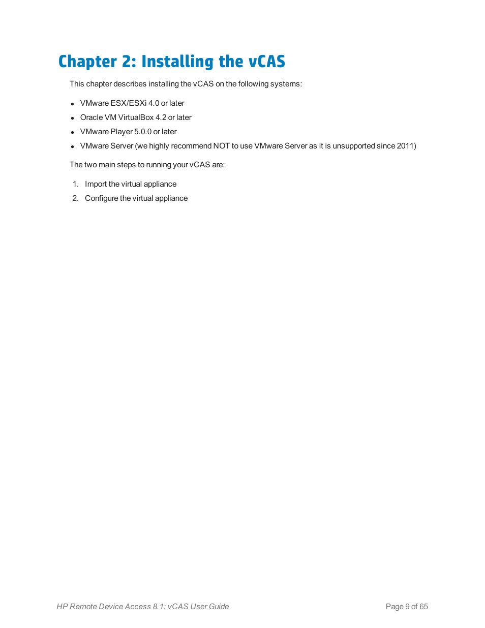 Chapter 2: installing the vcas | HP Remote Device Access Software User Manual | Page 9 / 65