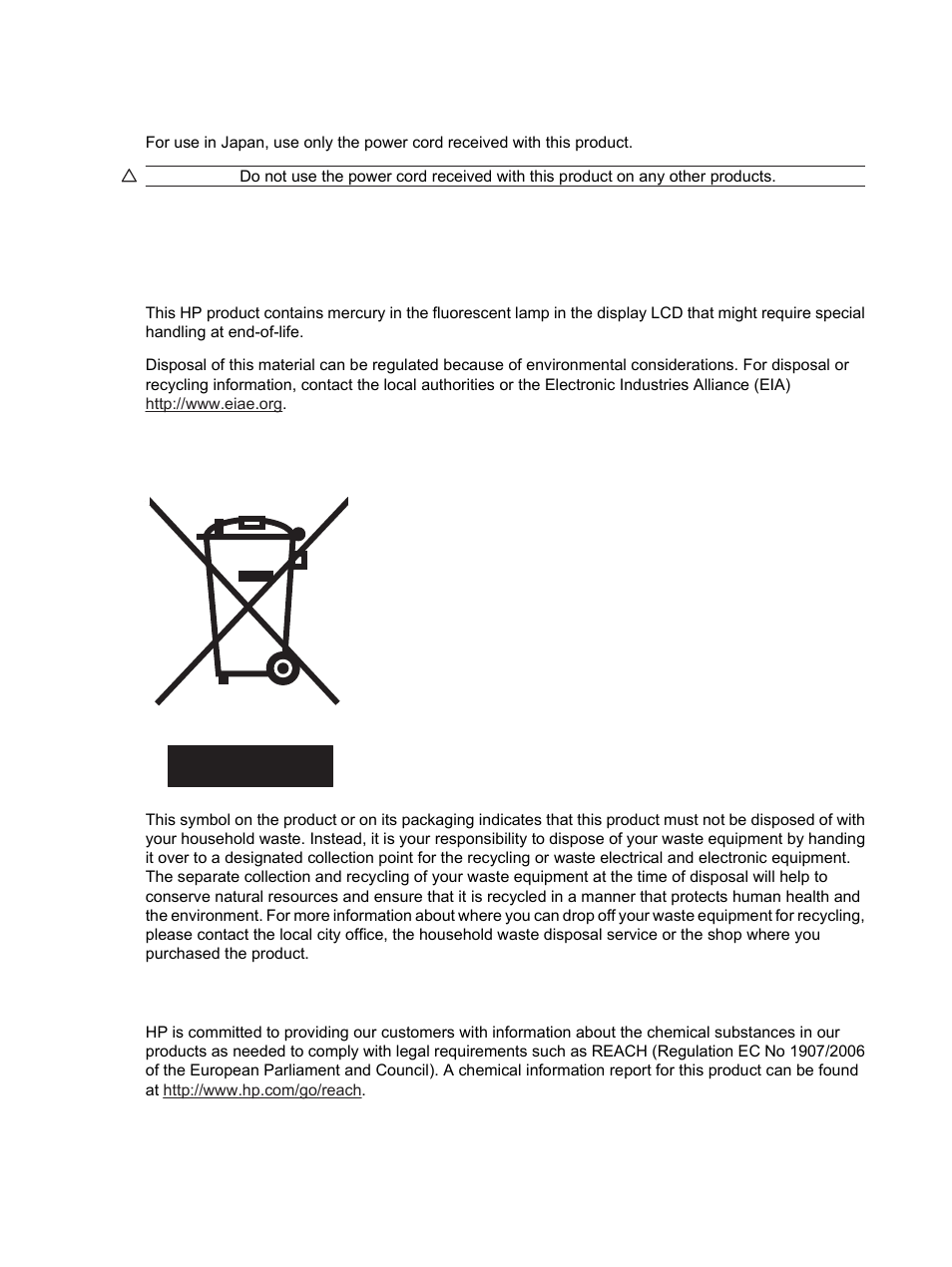 Japanese power cord requirements, Product environmental notices, Materials disposal | Chemical substances | HP S2231 21.5-inch Diagonal LCD Monitor User Manual | Page 28 / 33