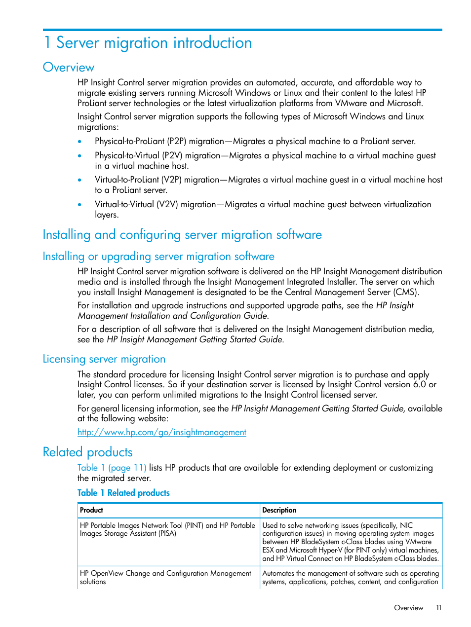 1 server migration introduction, Overview, Installing or upgrading server migration software | Licensing server migration, Related products | HP Insight Control Software for Linux User Manual | Page 11 / 87