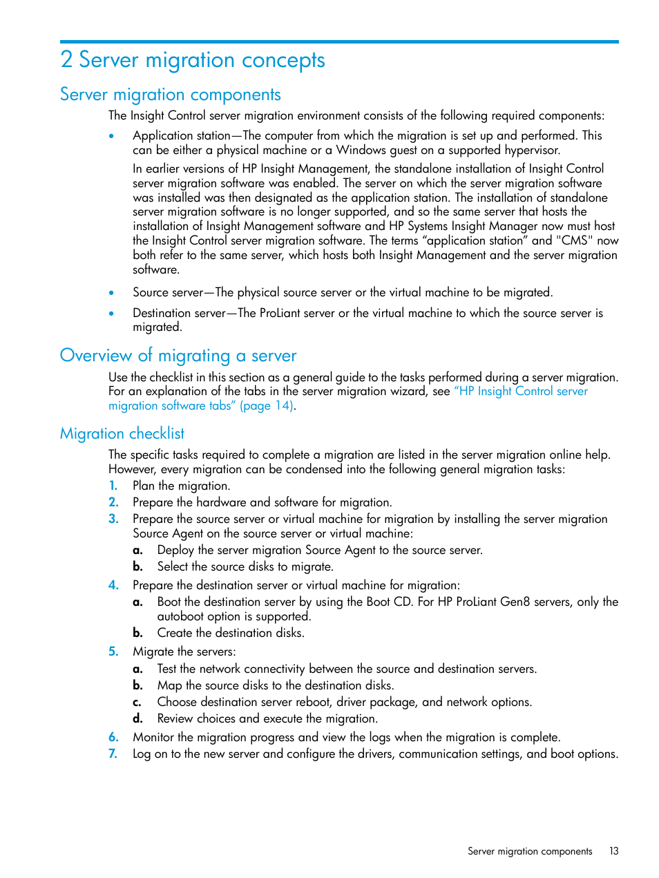 2 server migration concepts, Server migration components, Overview of migrating a server | Migration checklist | HP Insight Control Software for Linux User Manual | Page 13 / 87