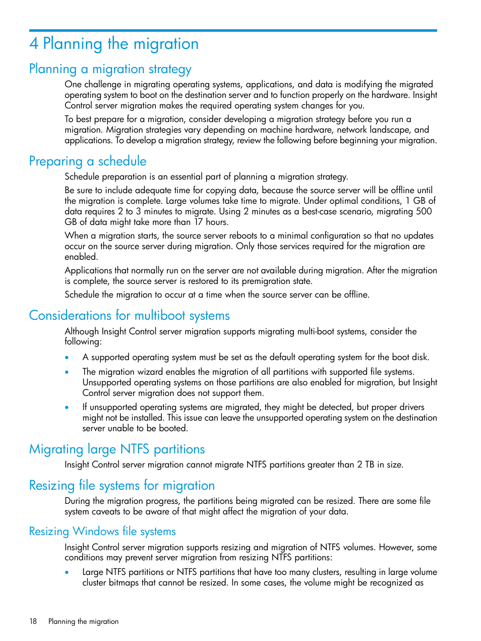 4 planning the migration, Planning a migration strategy, Preparing a schedule | Considerations for multiboot systems, Migrating large ntfs partitions, Resizing file systems for migration, Resizing windows file systems | HP Insight Control Software for Linux User Manual | Page 18 / 87