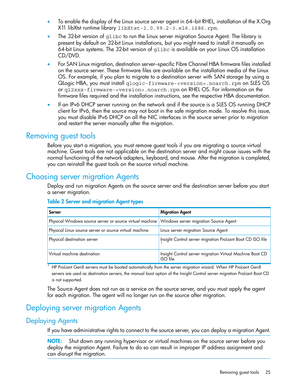 Removing guest tools, Choosing server migration agents, Deploying server migration agents | Deploying agents | HP Insight Control Software for Linux User Manual | Page 25 / 87