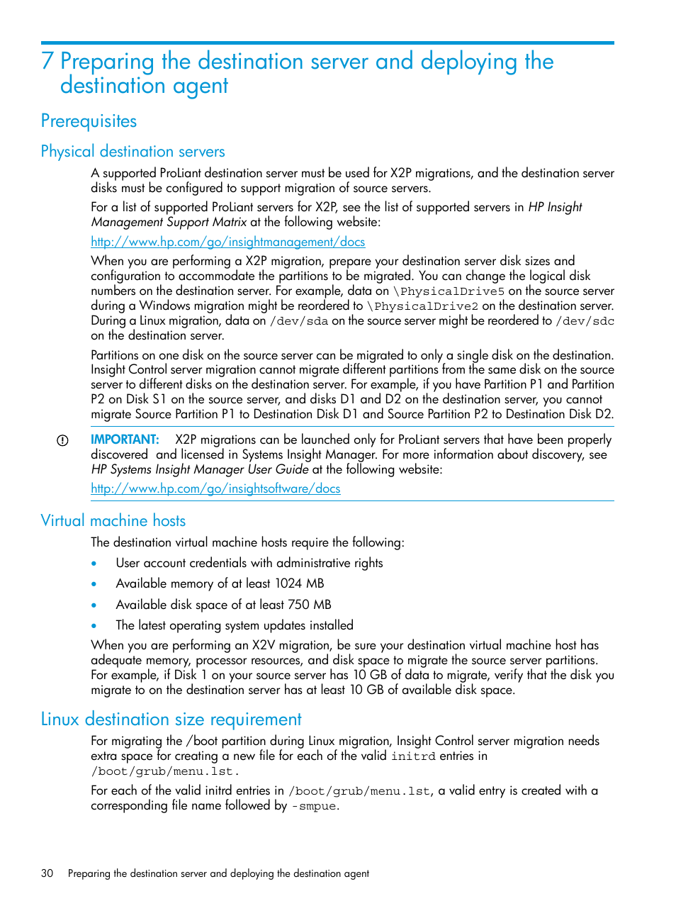 Prerequisites, Physical destination servers, Virtual machine hosts | Linux destination size requirement, Physical destination servers virtual machine hosts | HP Insight Control Software for Linux User Manual | Page 30 / 87