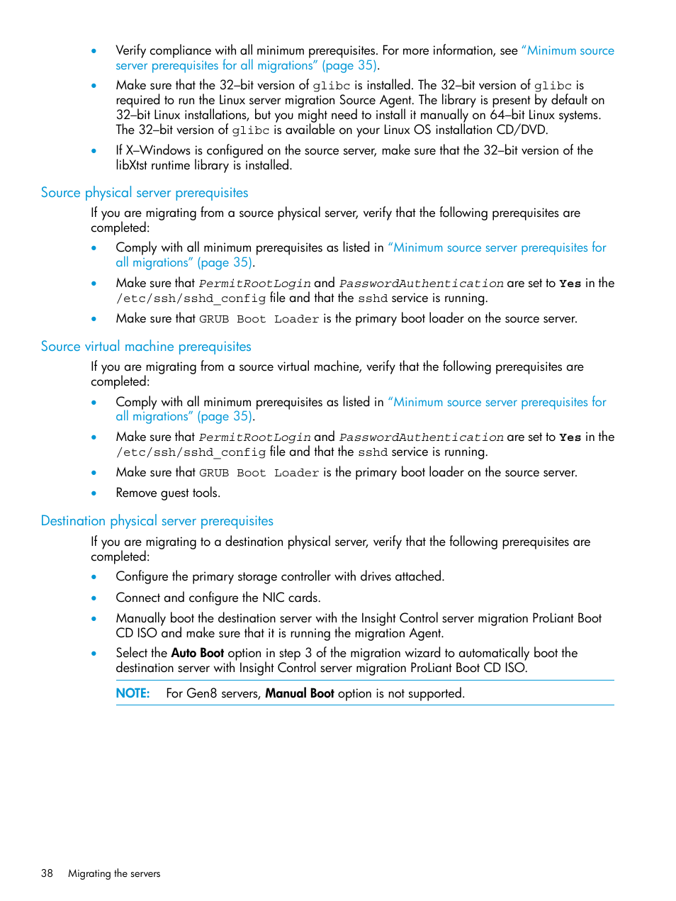 Source physical server prerequisites, Source virtual machine prerequisites, Destination physical server prerequisites | HP Insight Control Software for Linux User Manual | Page 38 / 87