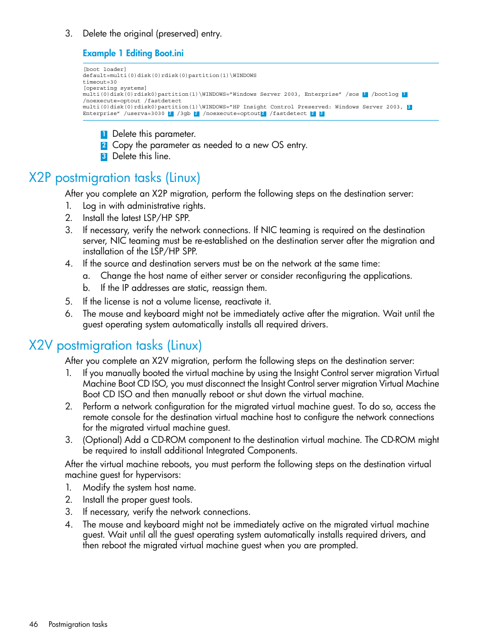 X2p postmigration tasks (linux), X2v postmigration tasks (linux) | HP Insight Control Software for Linux User Manual | Page 46 / 87