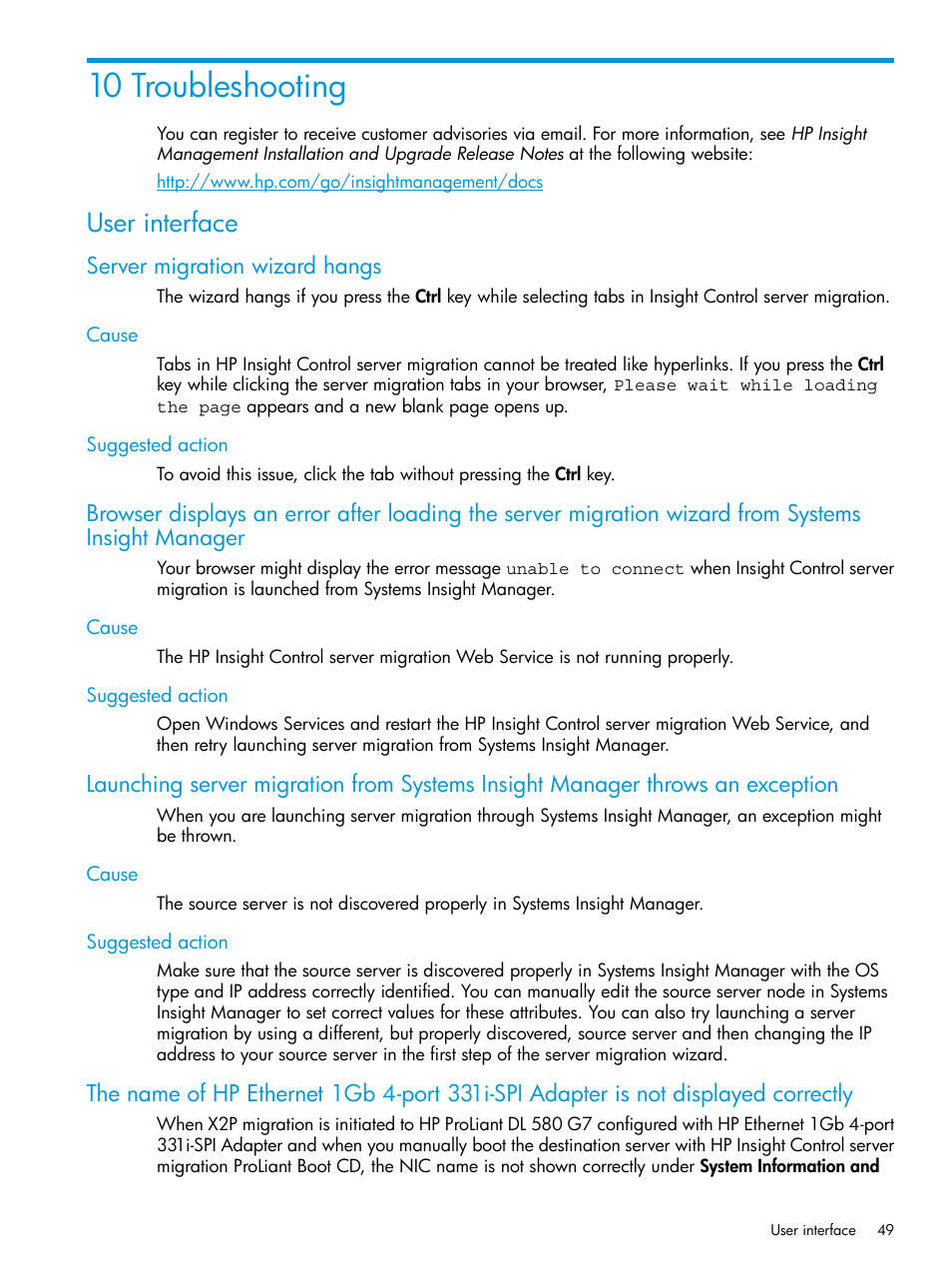 10 troubleshooting, User interface, Server migration wizard hangs | Cause, Suggested action, Cause suggested action | HP Insight Control Software for Linux User Manual | Page 49 / 87