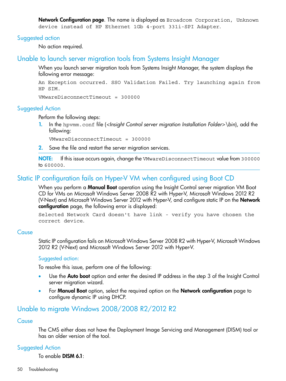 Suggested action, Cause, Unable to migrate windows 2008/2008 r2/2012 r2 | Cause suggested action | HP Insight Control Software for Linux User Manual | Page 50 / 87