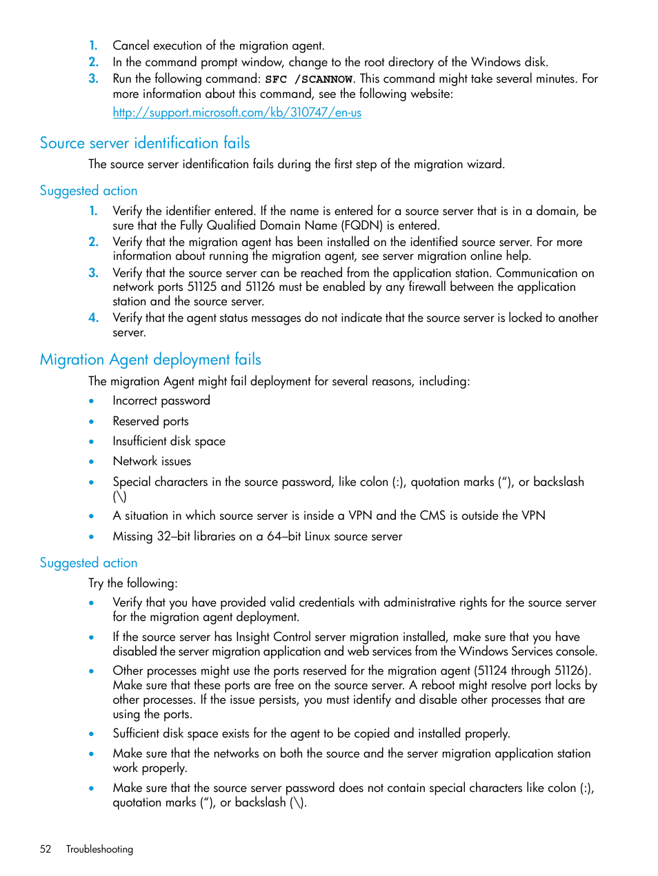 Source server identification fails, Suggested action, Migration agent deployment fails | HP Insight Control Software for Linux User Manual | Page 52 / 87
