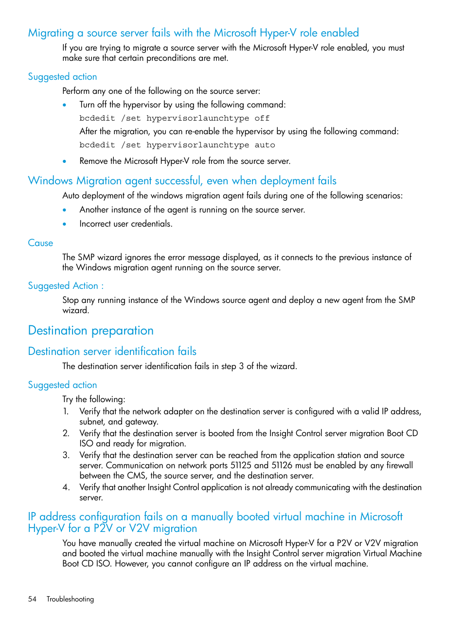 Suggested action, Cause, Destination preparation | Destination server identification fails, Cause suggested action | HP Insight Control Software for Linux User Manual | Page 54 / 87