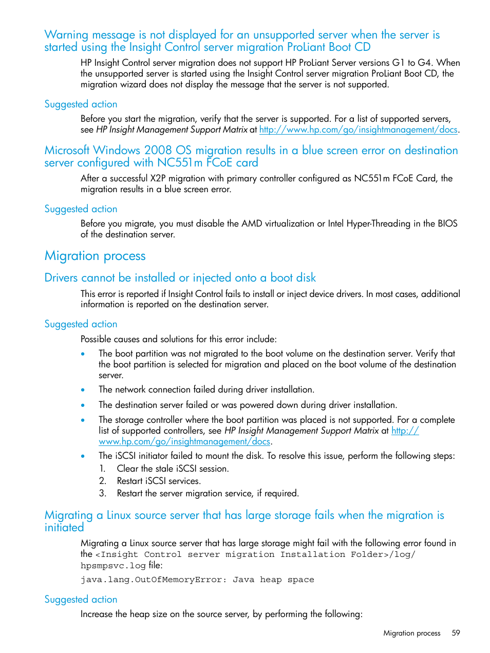 Suggested action, Migration process | HP Insight Control Software for Linux User Manual | Page 59 / 87