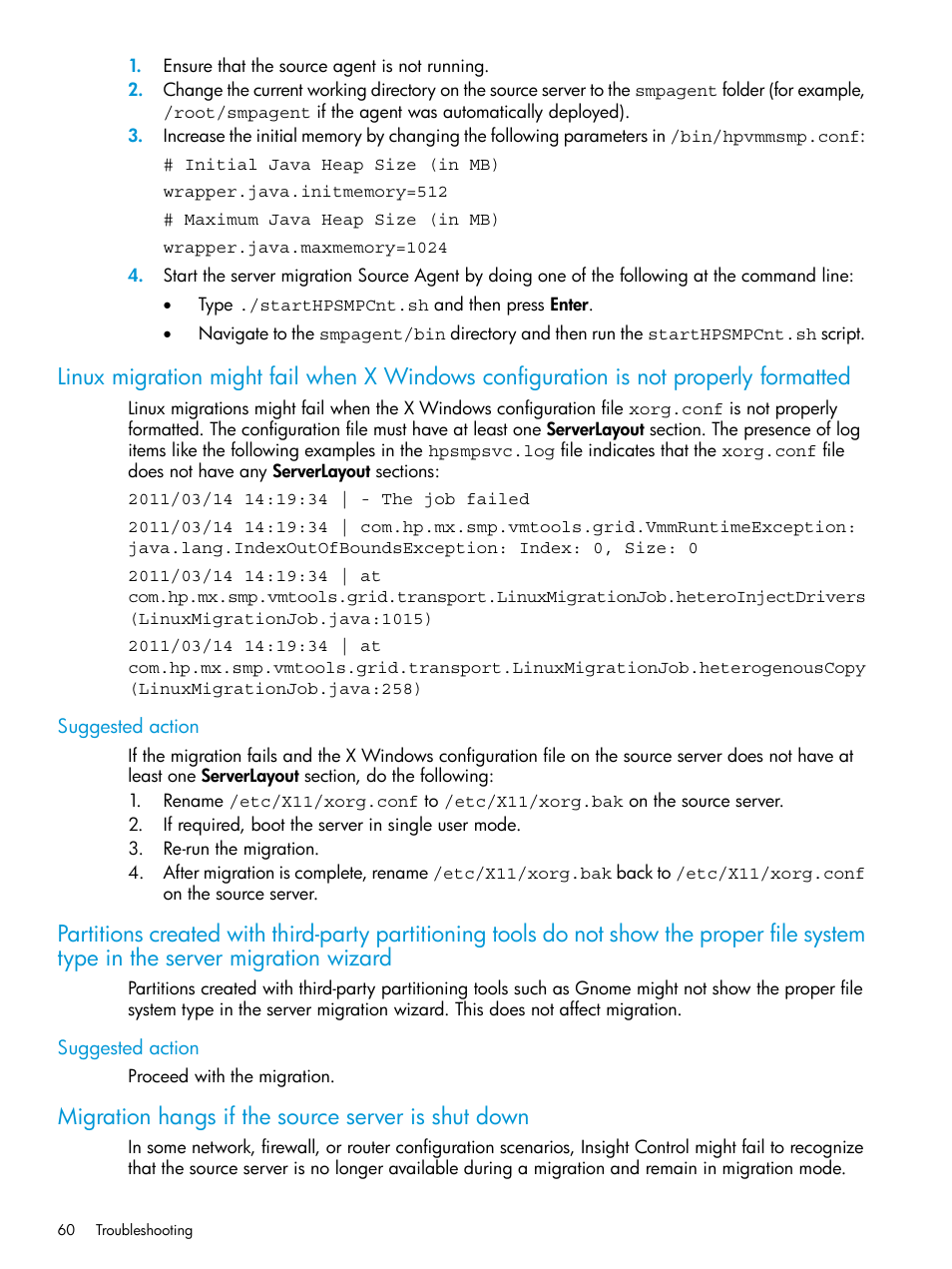 Suggested action, Migration hangs if the source server is shut down | HP Insight Control Software for Linux User Manual | Page 60 / 87