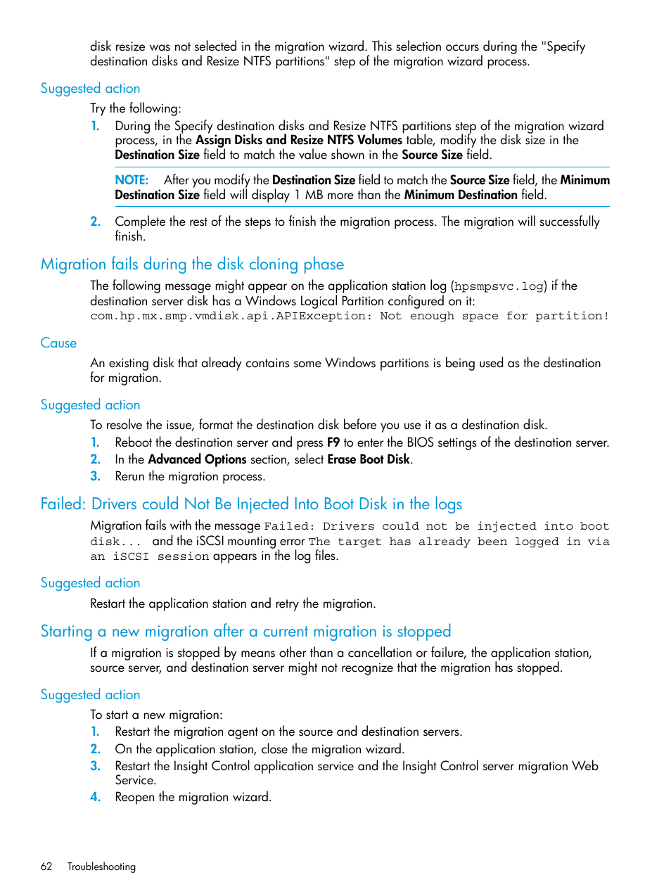 Suggested action, Migration fails during the disk cloning phase, Cause | Cause suggested action | HP Insight Control Software for Linux User Manual | Page 62 / 87