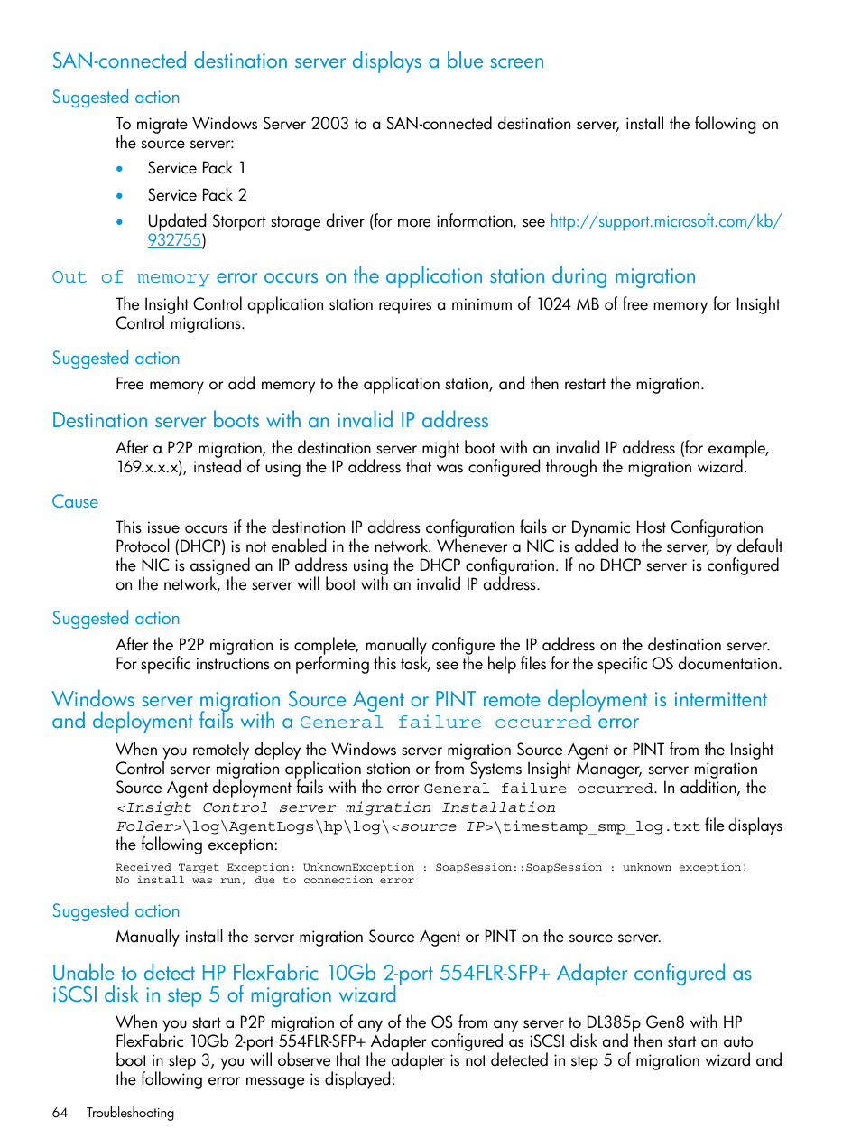 Suggested action, Cause, Cause suggested action | HP Insight Control Software for Linux User Manual | Page 64 / 87