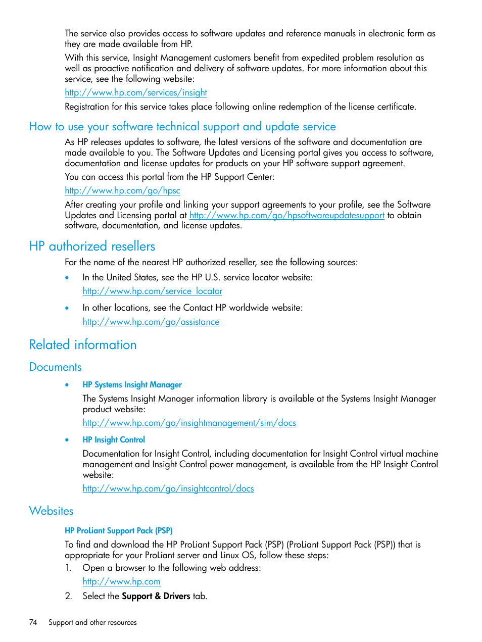 Hp authorized resellers, Related information, Documents | Websites, Hp authorized resellers related information, Documents websites | HP Insight Control Software for Linux User Manual | Page 74 / 87