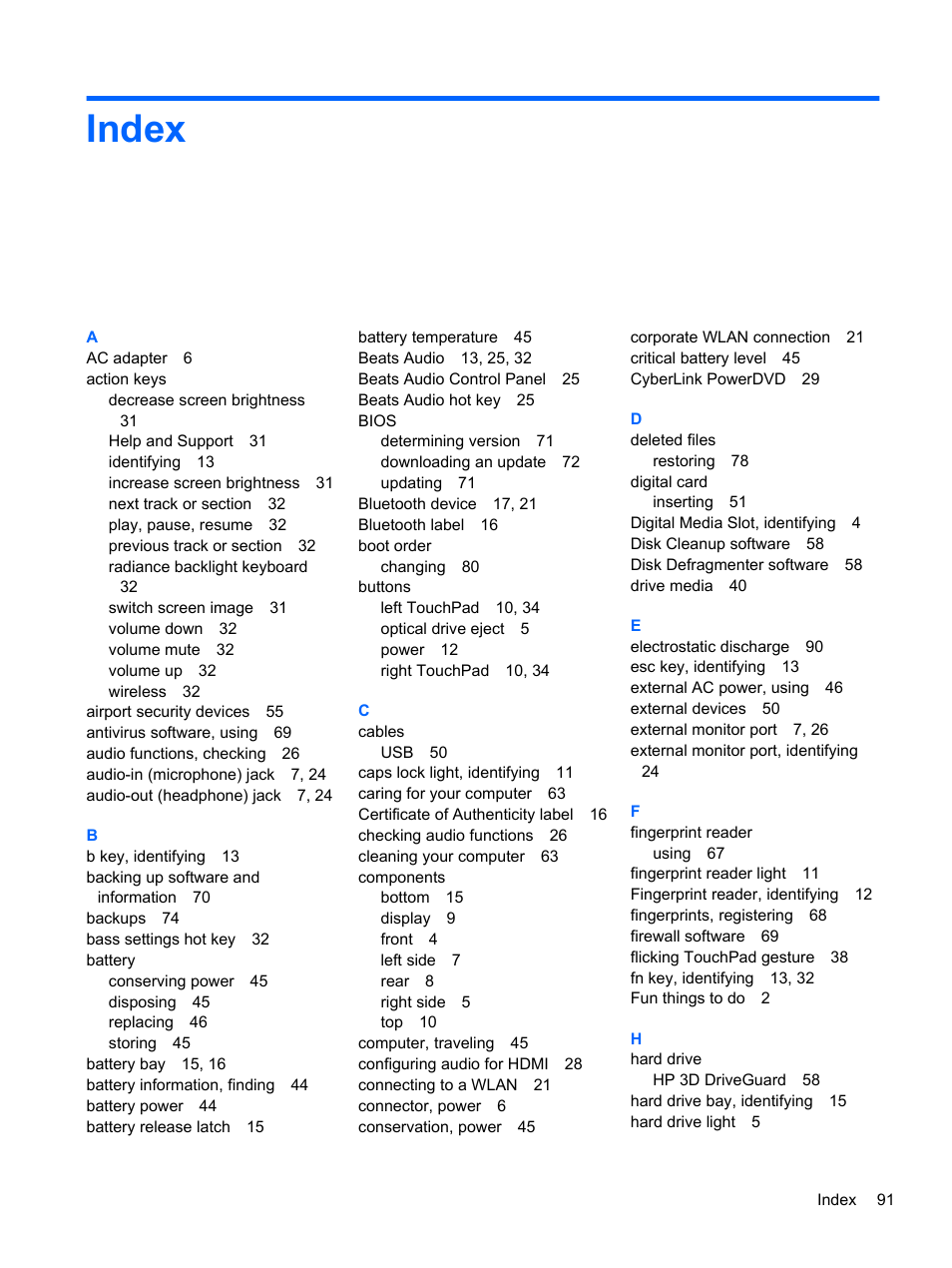 Index | HP Pavilion dv7-7133nr Entertainment Notebook PC User Manual | Page 101 / 103