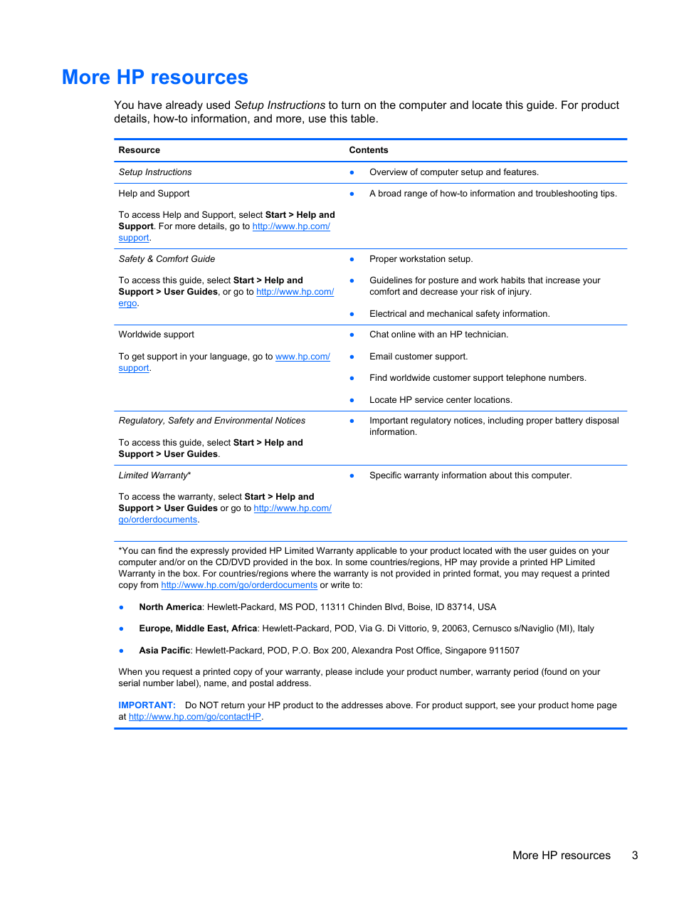 More hp resources, More hp resources 3 | HP Pavilion dv7-7133nr Entertainment Notebook PC User Manual | Page 13 / 103