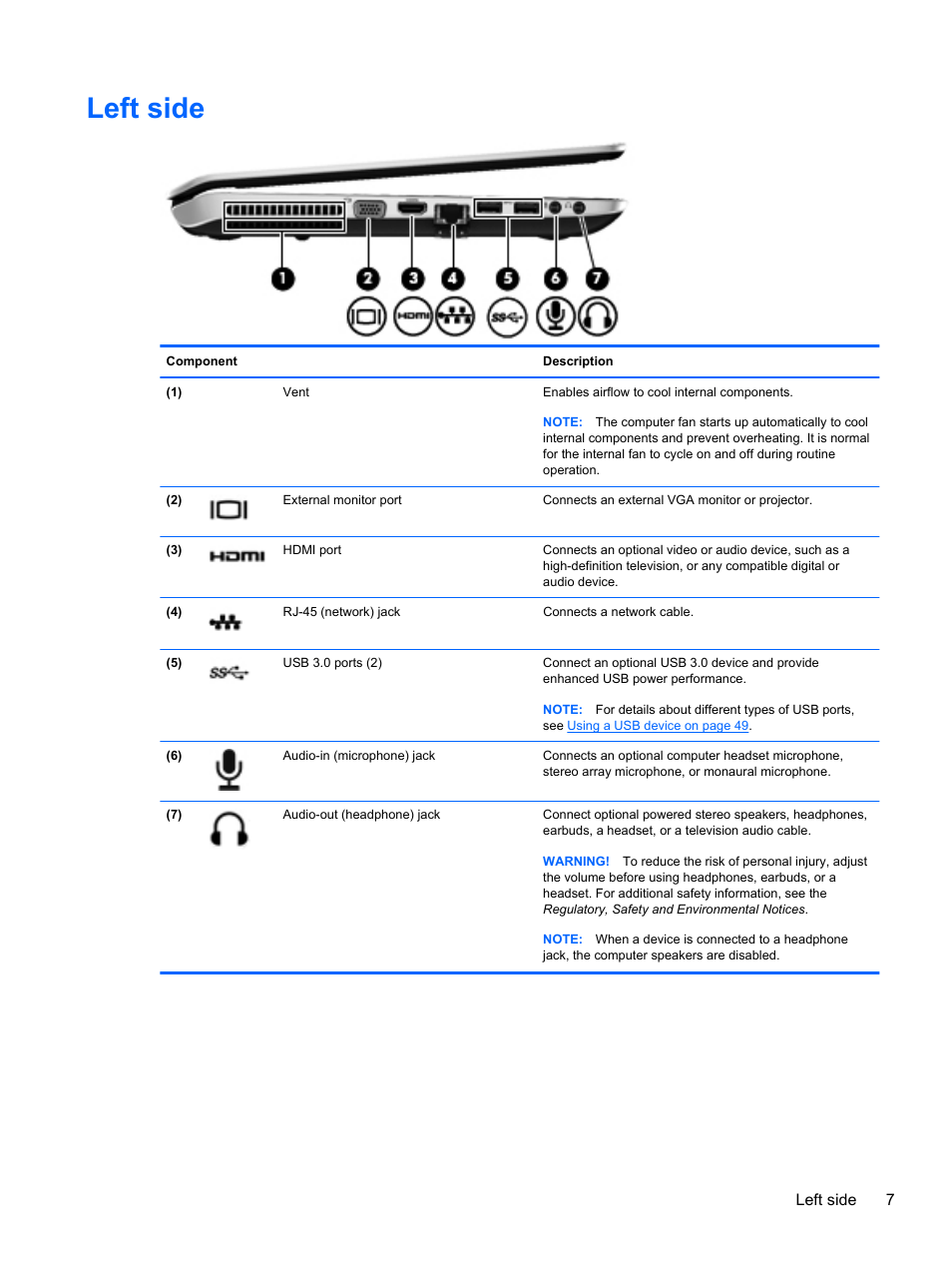 Left side | HP Pavilion dv7-7133nr Entertainment Notebook PC User Manual | Page 17 / 103
