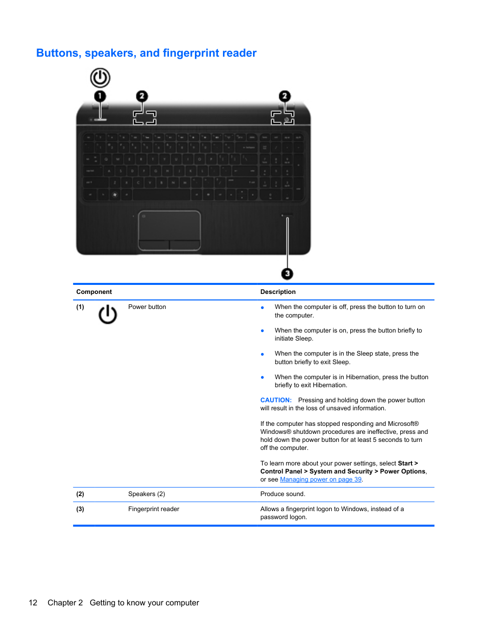 Buttons, speakers, and fingerprint reader | HP Pavilion dv7-7133nr Entertainment Notebook PC User Manual | Page 22 / 103