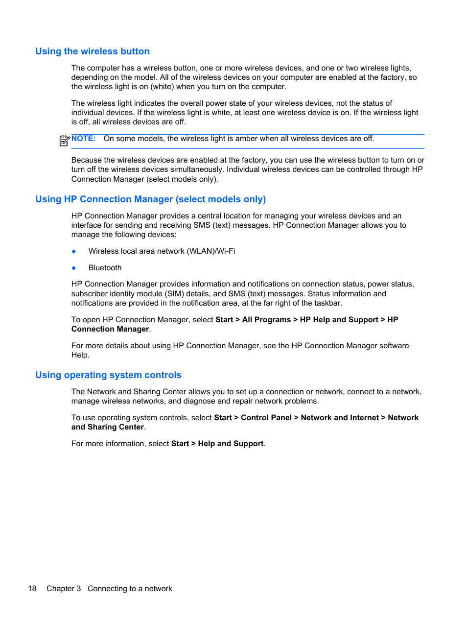 Using the wireless button, Using hp connection manager (select models only), Using operating system controls | HP Pavilion dv7-7133nr Entertainment Notebook PC User Manual | Page 28 / 103