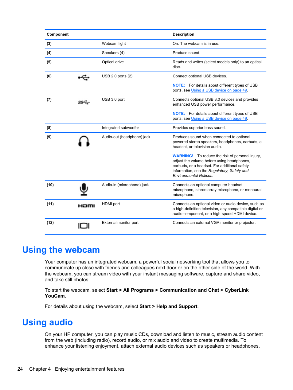 Using the webcam, Using audio, Using the webcam using audio | Using | HP Pavilion dv7-7133nr Entertainment Notebook PC User Manual | Page 34 / 103