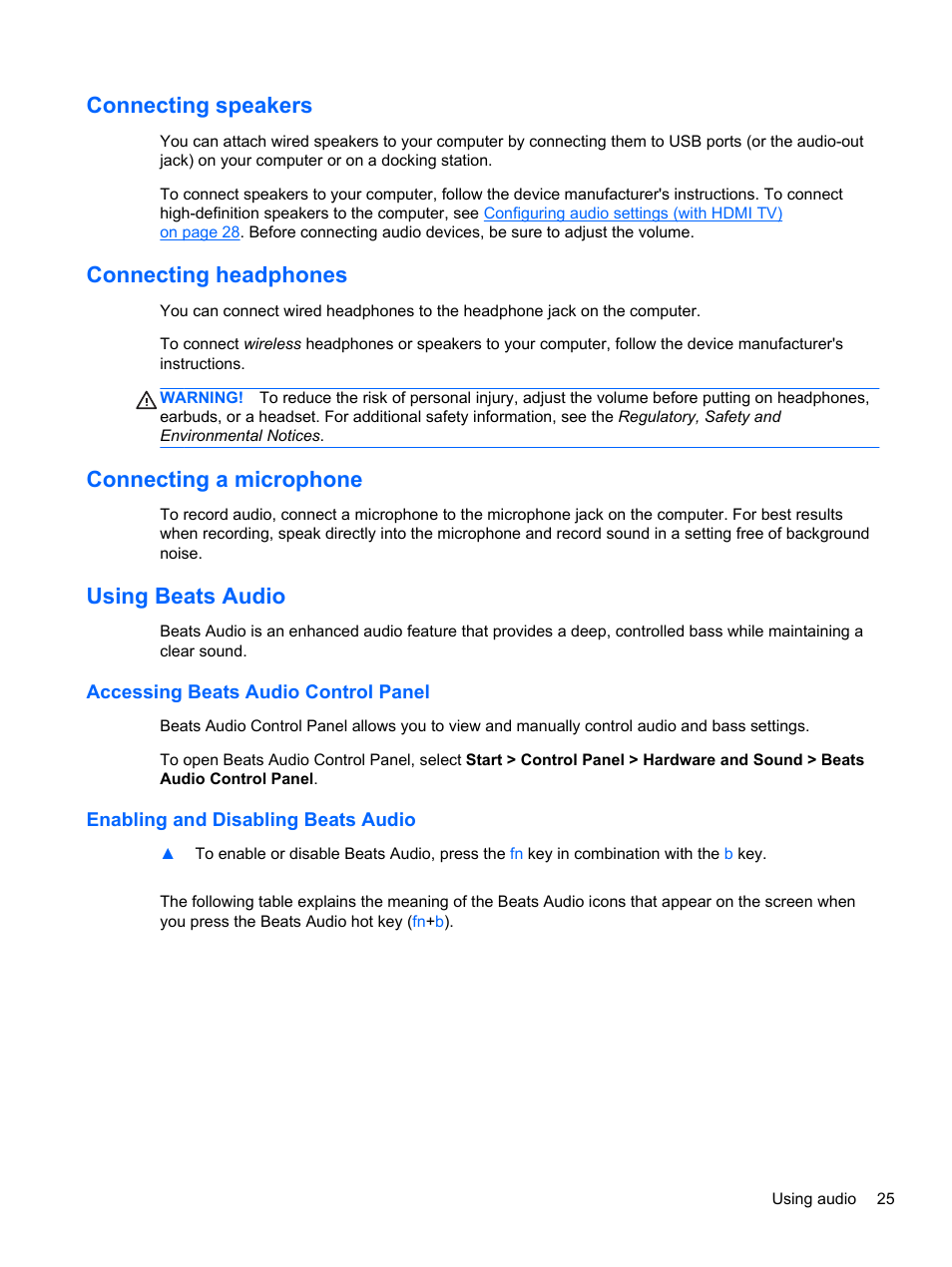 Connecting speakers, Connecting headphones, Connecting a microphone | Using beats audio, Accessing beats audio control panel, Enabling and disabling beats audio | HP Pavilion dv7-7133nr Entertainment Notebook PC User Manual | Page 35 / 103