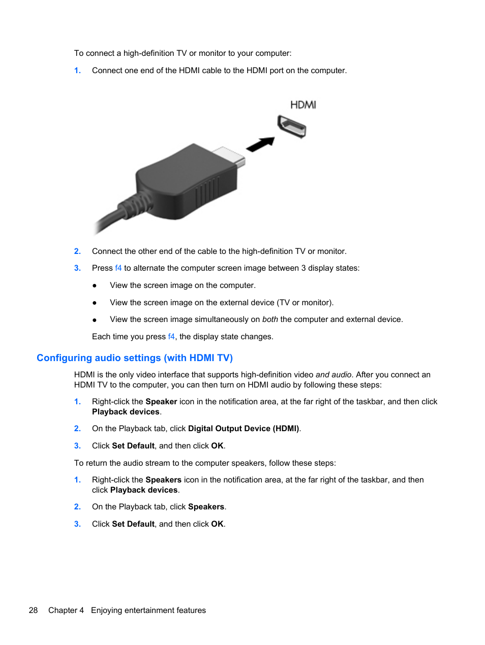 Configuring audio settings (with hdmi tv) | HP Pavilion dv7-7133nr Entertainment Notebook PC User Manual | Page 38 / 103